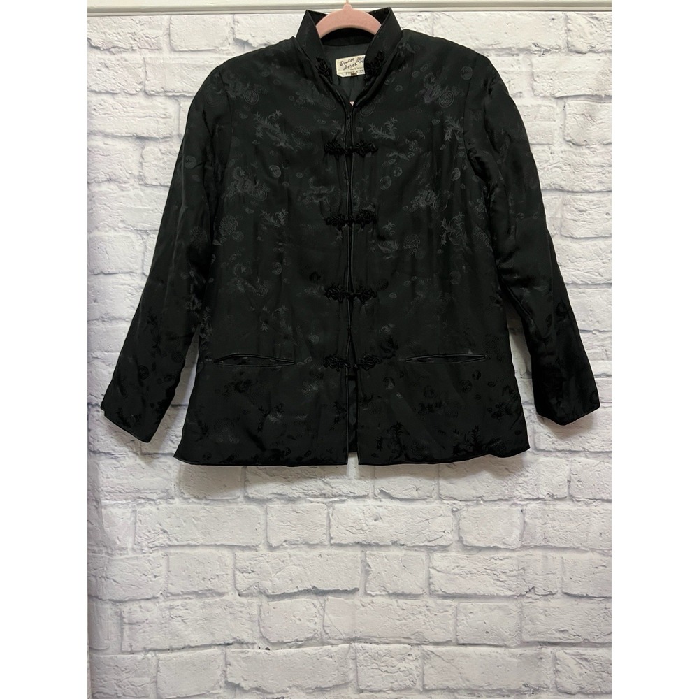 VTG Double Horse Jacket Womens Black Silk Floral Chinese Traditional Size L
